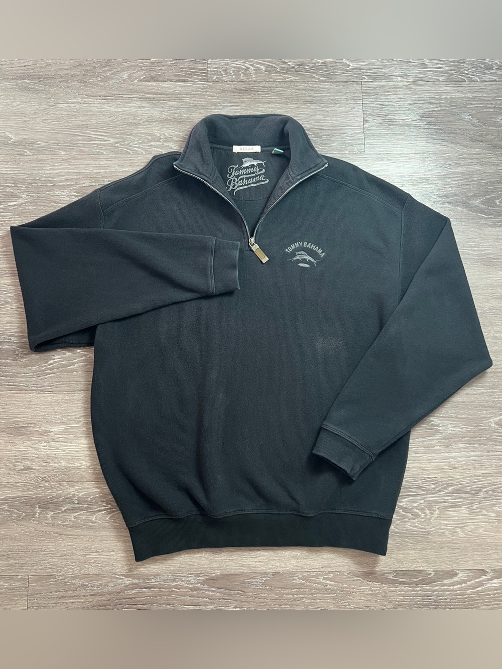 Tommy Bahama Relax 100% Cotton Quarter Zip Mock Neck Sweatshirt Black Marlin